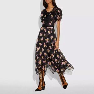 Coach 1941 Embellished Forest Floral Print Silk Midi Dress Size 4 Lace Sequins